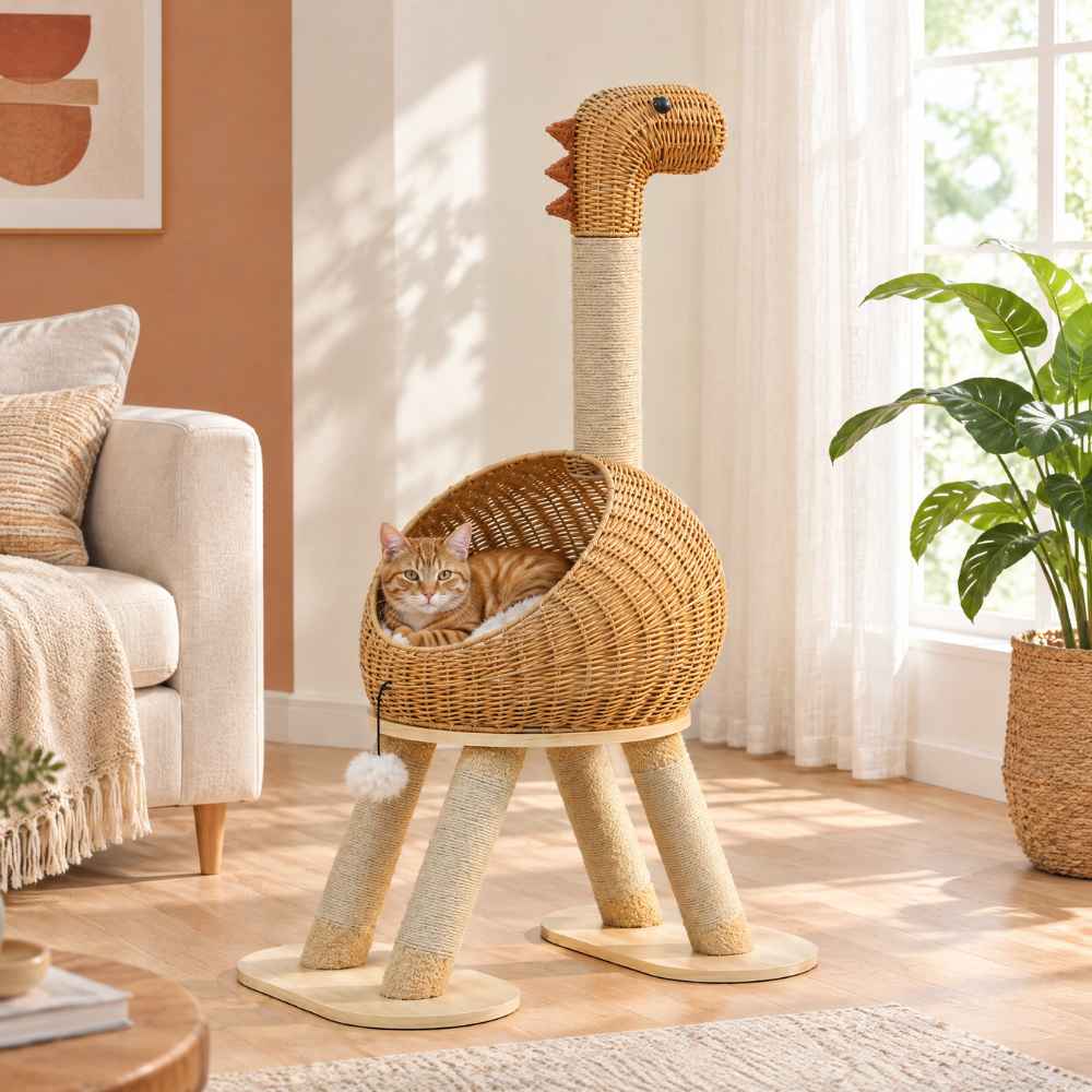 Arbre à chat Dino en rotin tressé