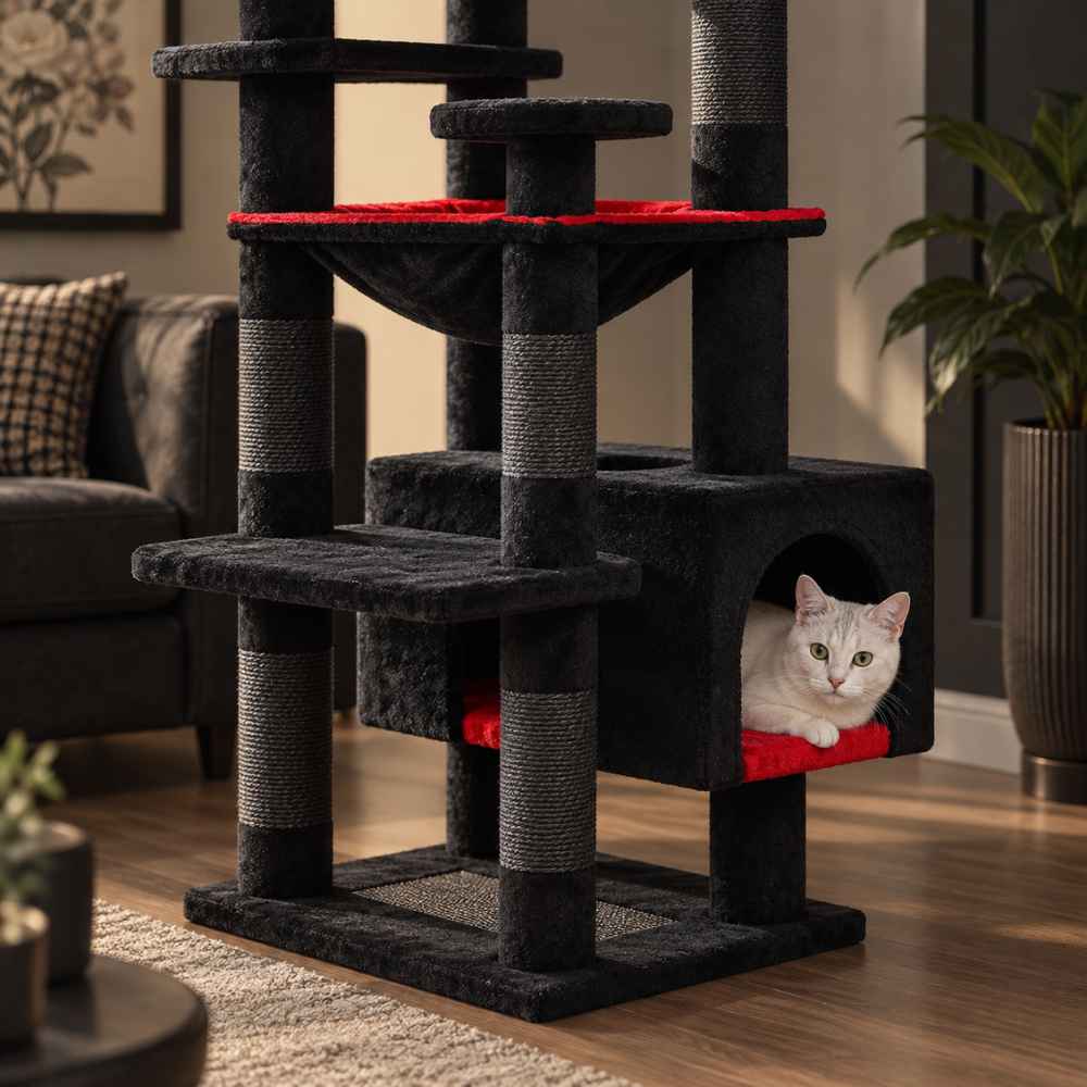 Arbre à chat Nocturne 184 cm, noir et rouge
